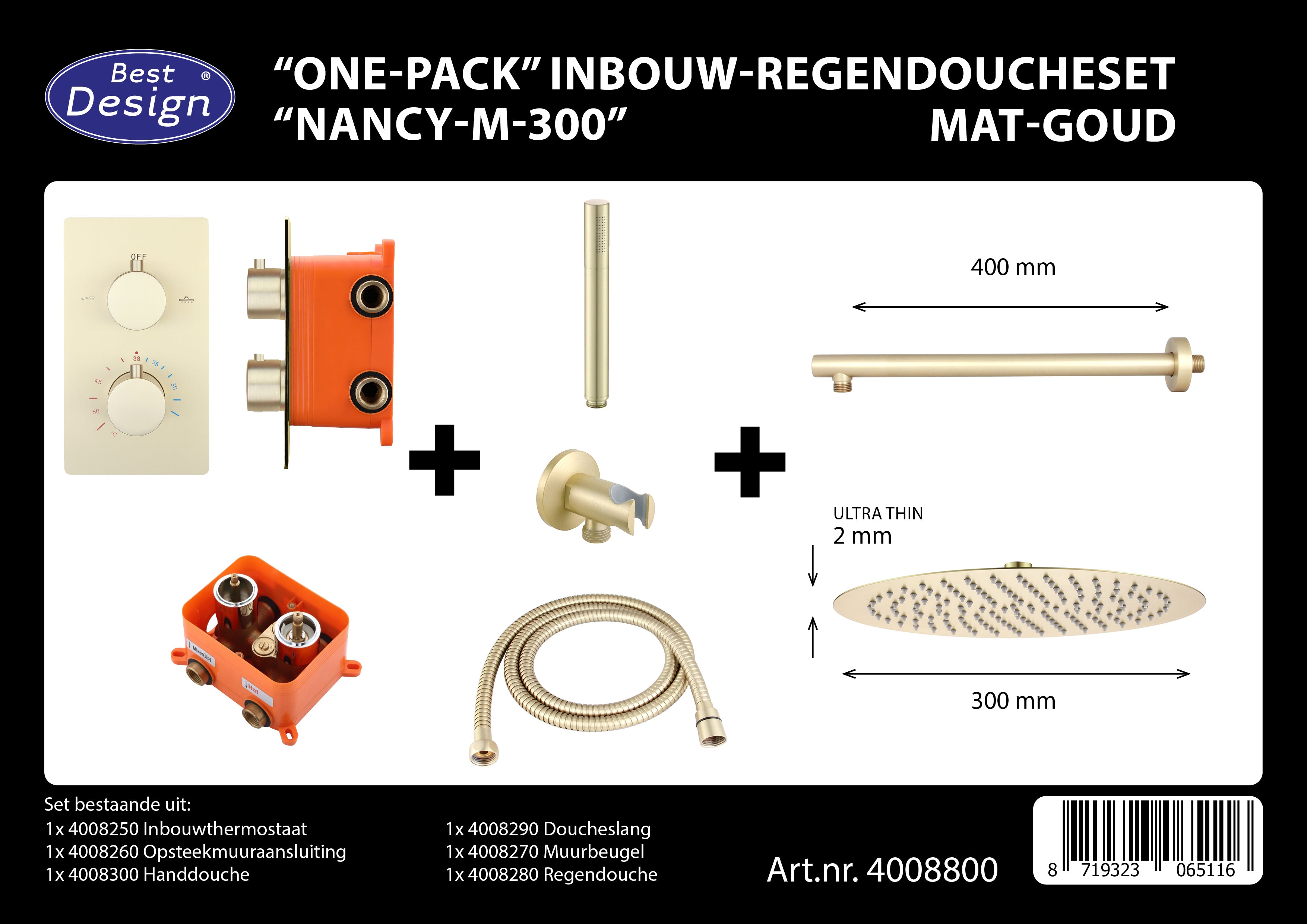 Complete Inbouw-Regendoucheset Nancy-M-300 Mat-Goud