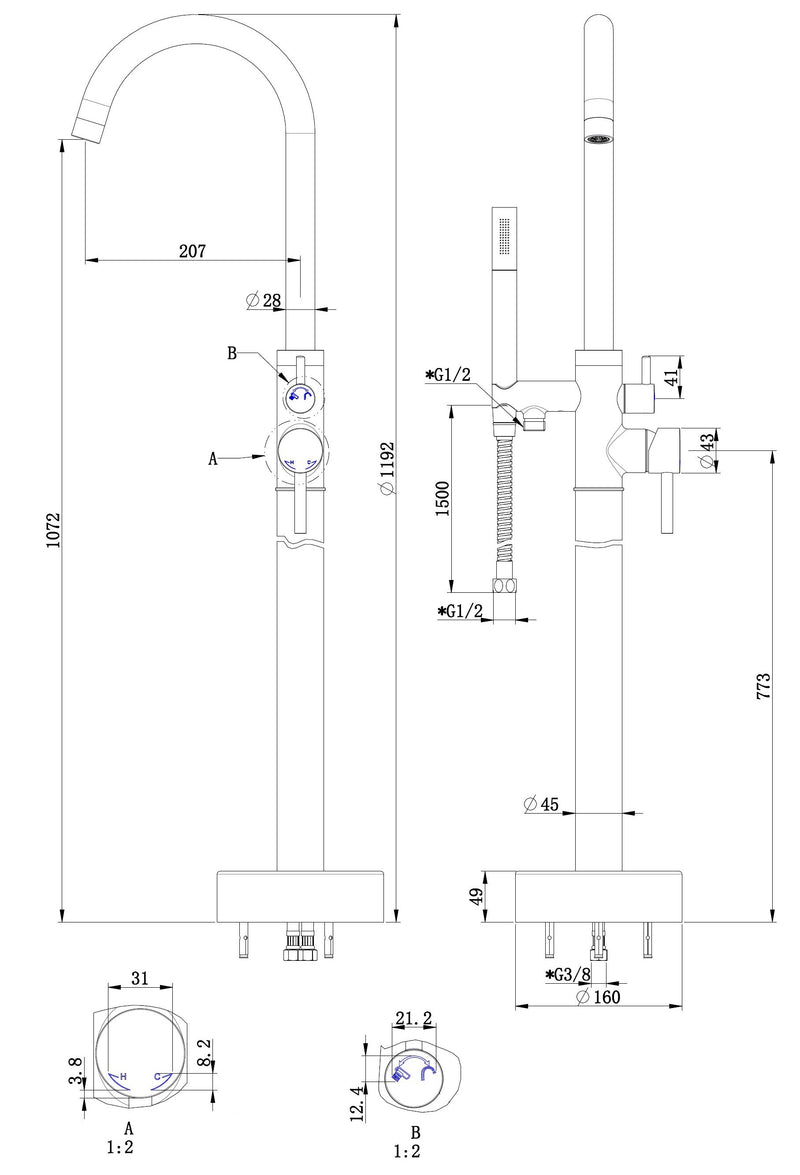 Nero-Sonnau vrijstaande badkraan H=119 cm mat-zwart