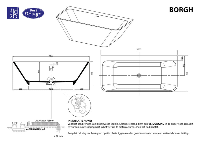 Semi-Vrijstaand-Bad Borgh Just-Solid 180x85x55cm