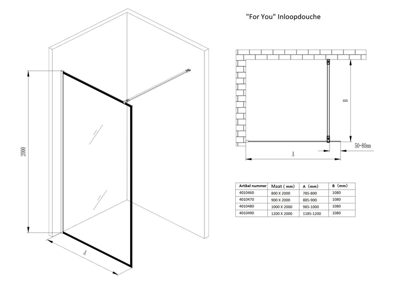 For-You 800 Zwart inloopdouche Walk-In 800x2000x8mm