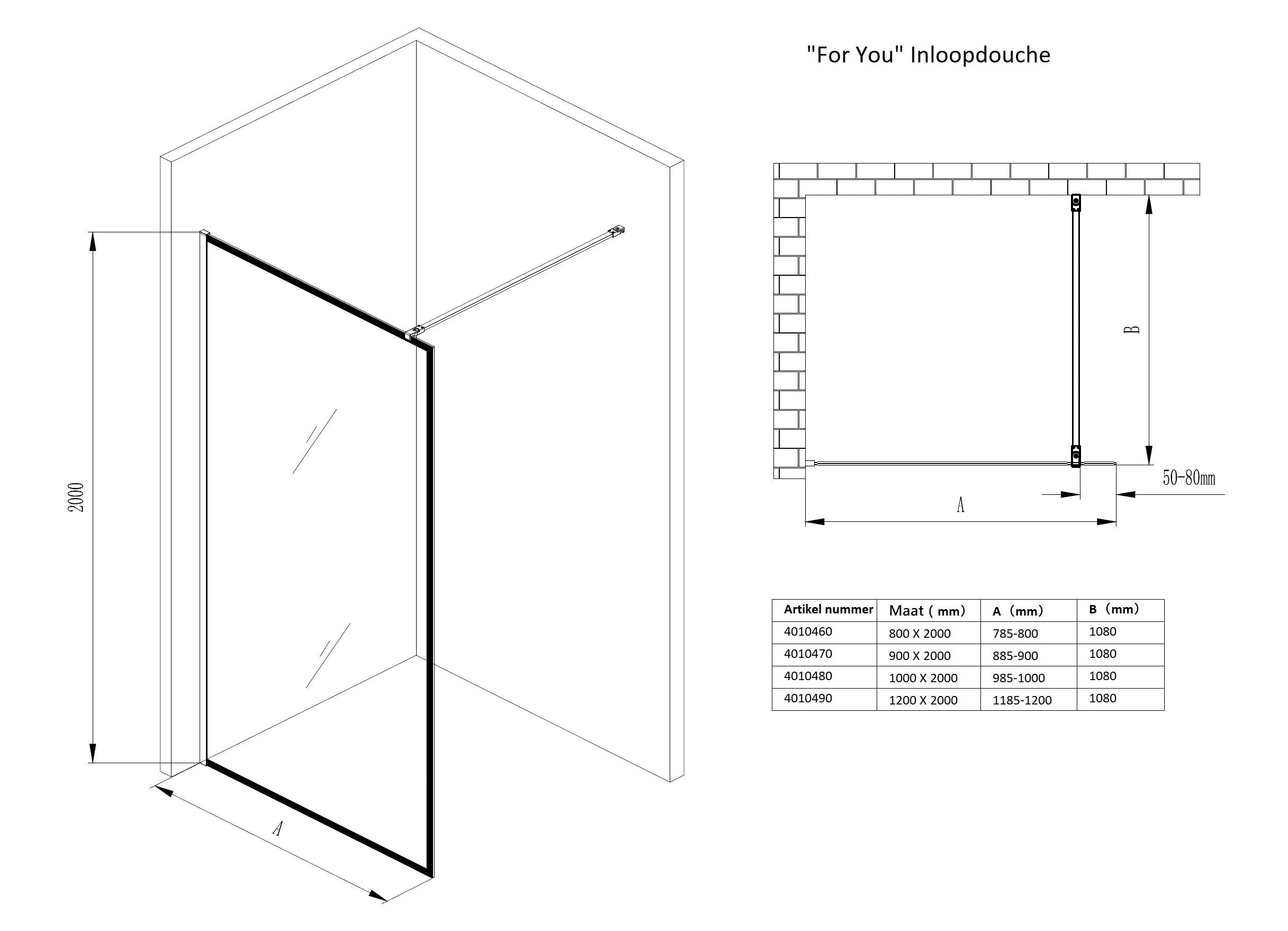 For-You 1200 Zwart inloopdouche Walk-In 1200x2000x8mm