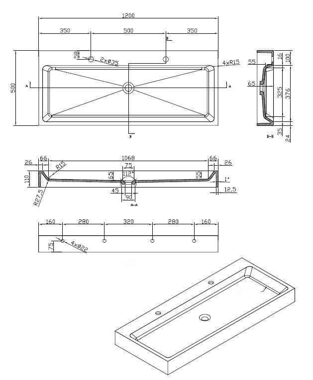 Nero-Opera-120 wastafel Just-Solid 120x50x11cm Zwart