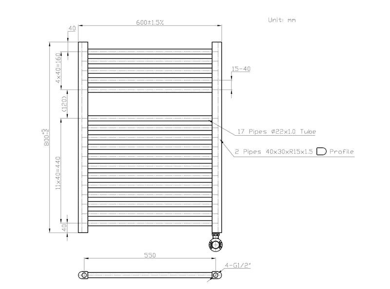 Senden-Black Elektrische Radiator Zwart 380 W 800x600mm