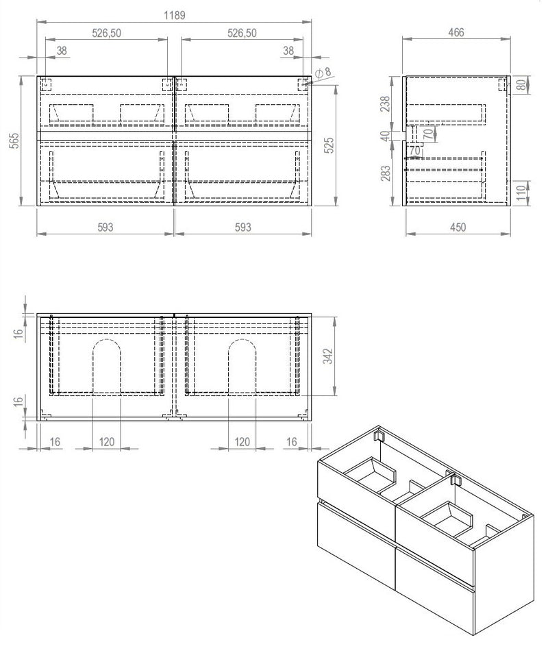 Bora-Halifax-Greeploos meubel onderkast 4 laden zonder wastafel 120 cm