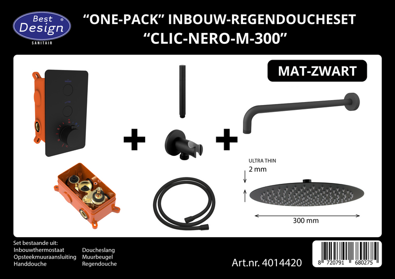 One-Pack inbouw-regendoucheset Clic-Nero-M-300 mat-zwart