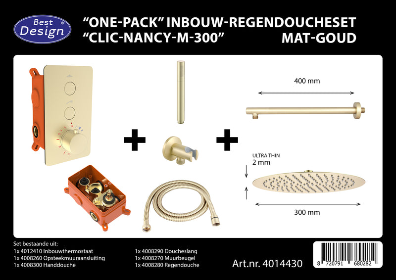 One-Pack inbouw-regendoucheset Clic-Nancy-M-300 mat-goud