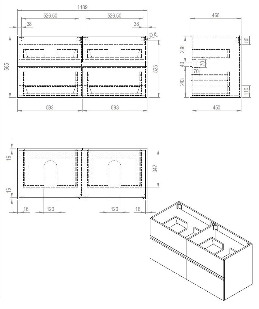 Bora-Grey-Greeploos meubel onderkast 4 laden zonder wastafel 120 cm