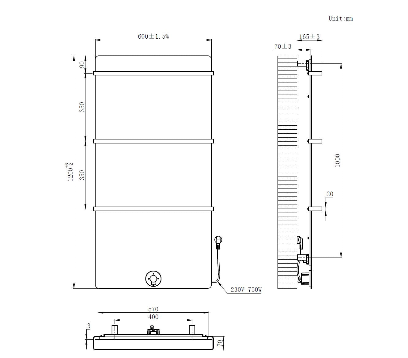 Brenner-White Elektrische Radiator Mat Wit 750W 1200x600mm