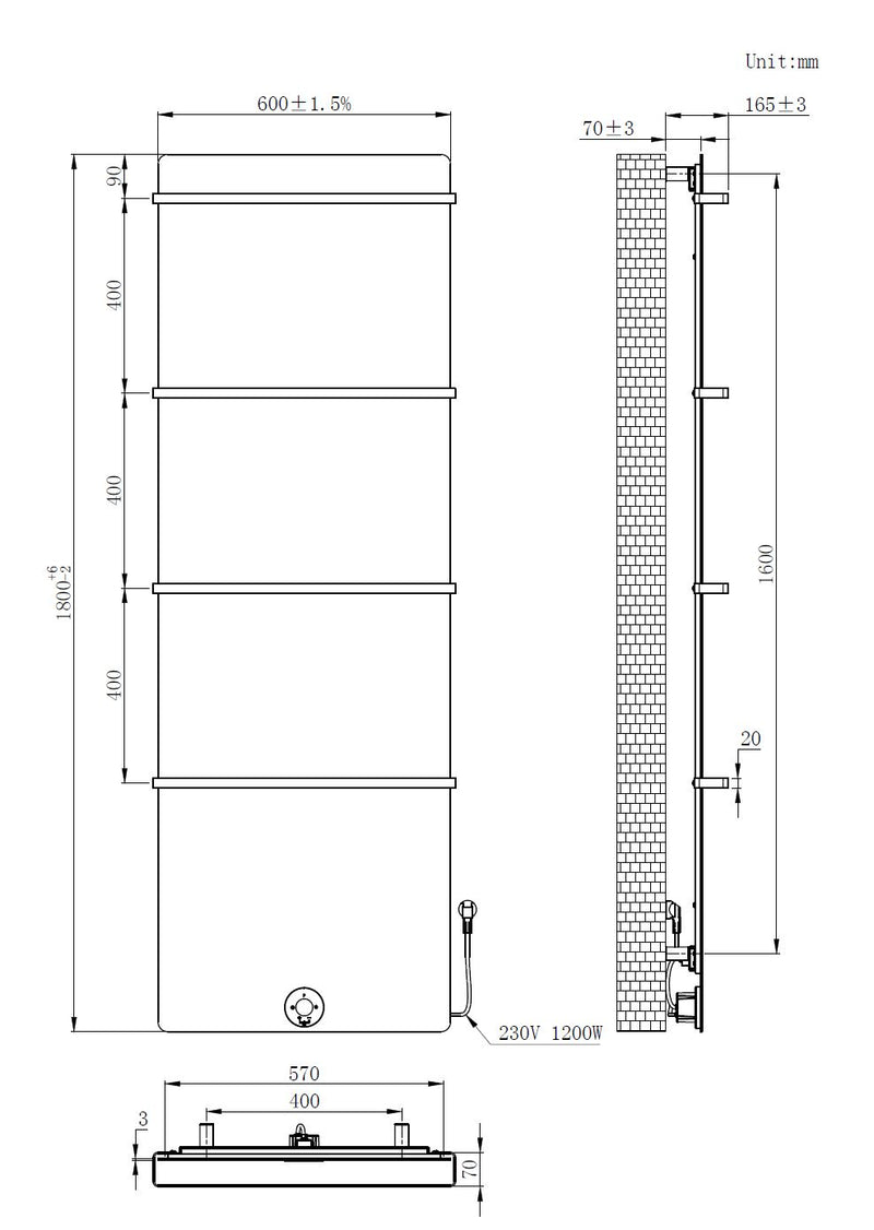 Brenner-Black Elektrische radiator mat-zwart 1200W 1800x600mm