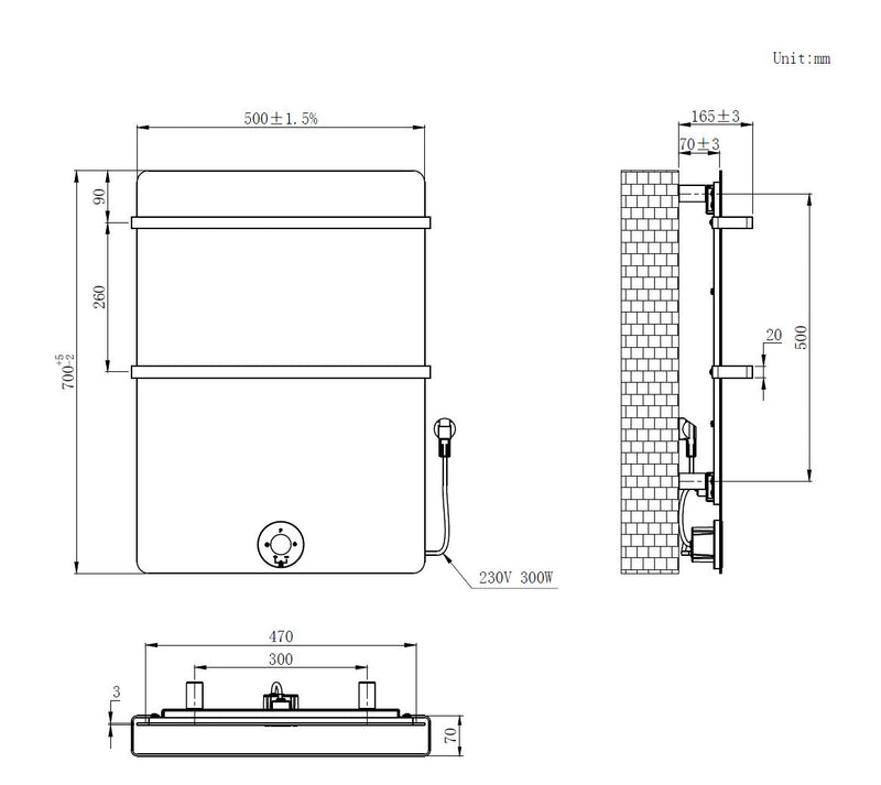 Brenner-Concrete Elektrische radiator Beton-Grijs 300W 700x500mm