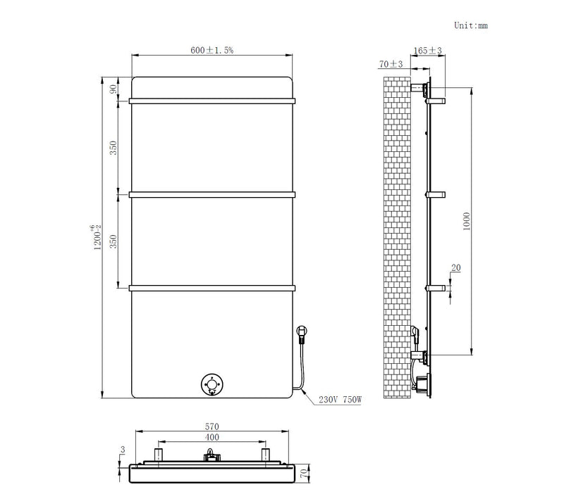 Brenner-Concrete Elektrische radiator Beton-Grijs 750W 1200x600mm