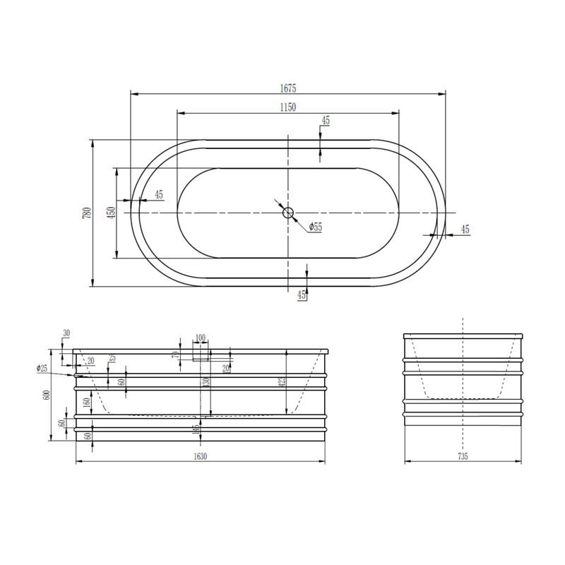 Drible vrijstaand bad mat-wit 168x78x60cm