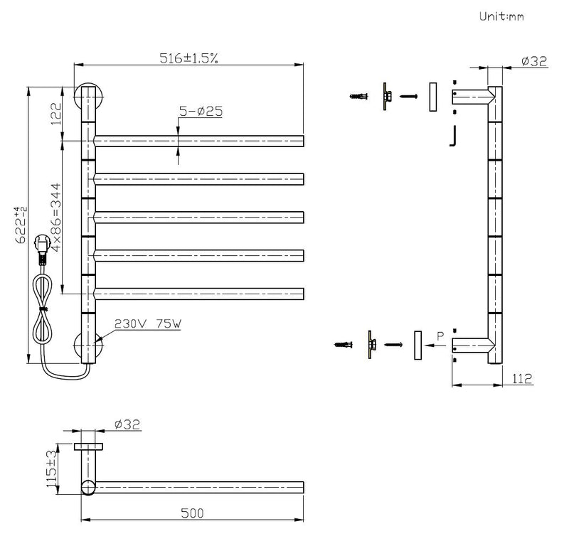 Hover-White Elektrische radiator 75W 622 x 516 mm mat-wit