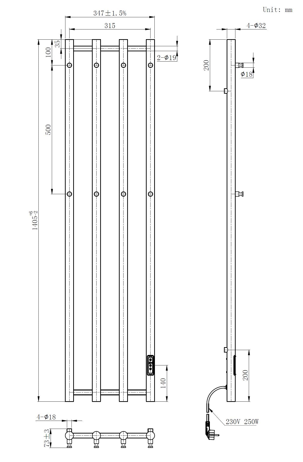 Velten-White Elektrische Radiator 250W 1405 x 346 mm Mat Wit