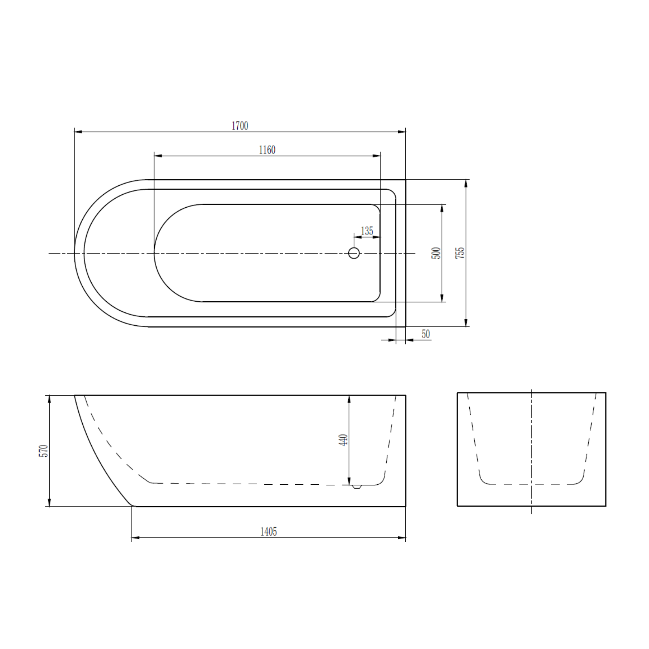 Maattekening Vrijstaand Bad ADW Boat Wit 170 x 75,5 cm met afmetingen in cm