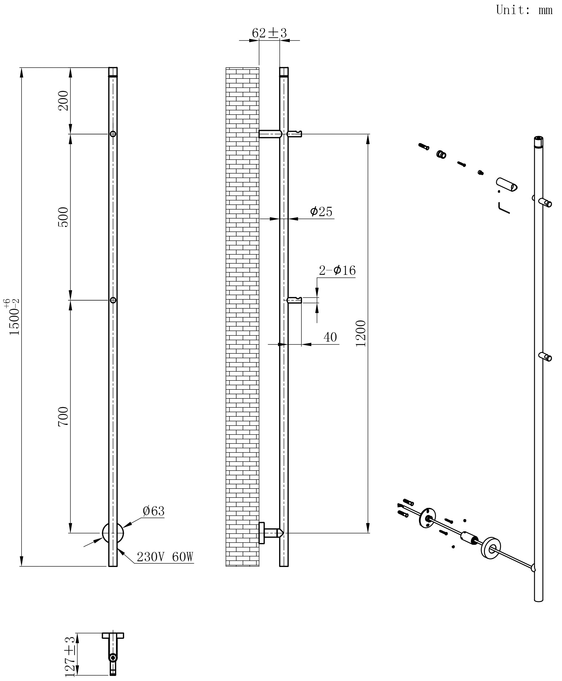 Maattekening Wiesbaden Callista elektrische staafhanddoekradiator 60 Watt 150 cm mat zwart