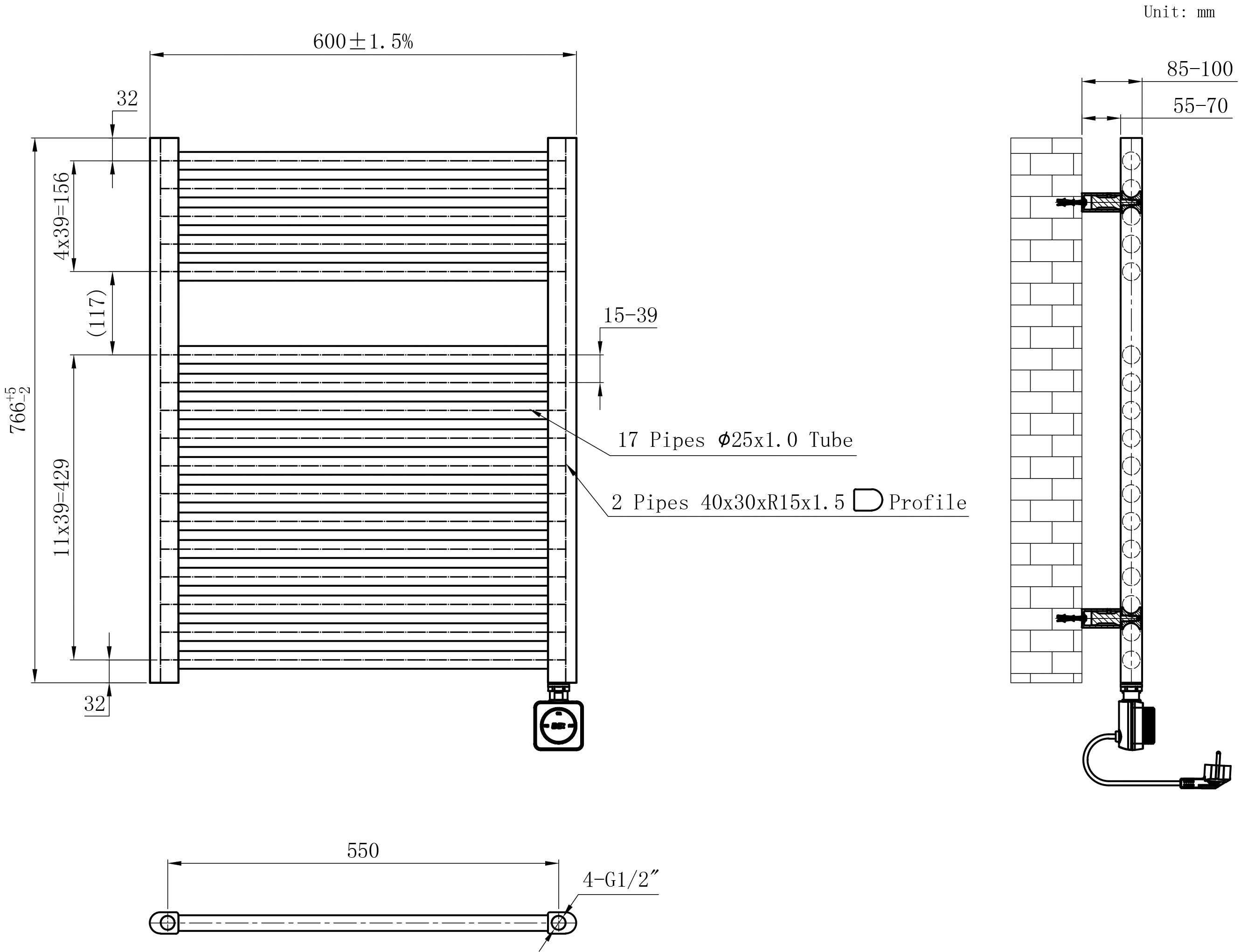 Maattekening Wiesbaden Elara elektrische radiator Smart WiFi 76,6 x 60 cm mat zwart