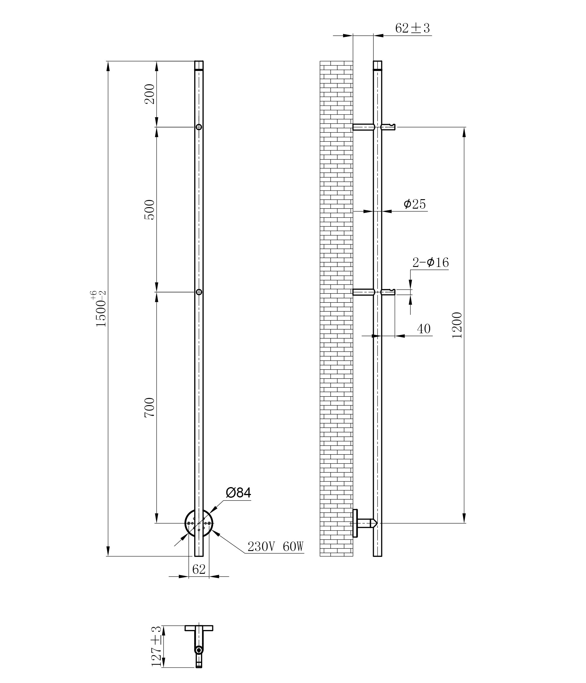 Maattekening Wiesbaden Callista elektrische staafhanddoekradiator 60 Watt 150 cm geborsteld staal PVD