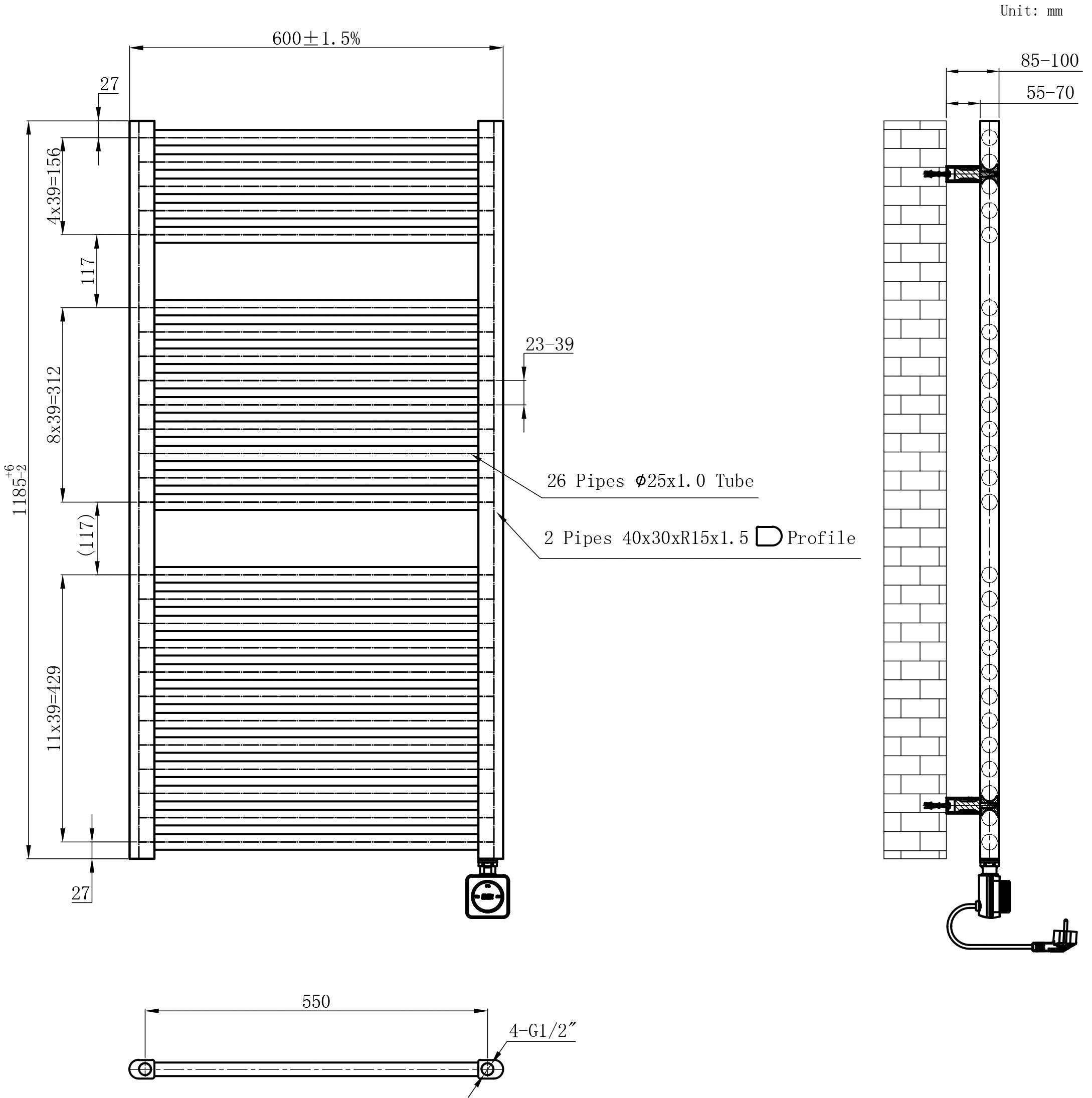 Maattekening Wiesbaden Elara elektrische radiator Smart WiFi 118,5 x 60 cm mat zwart