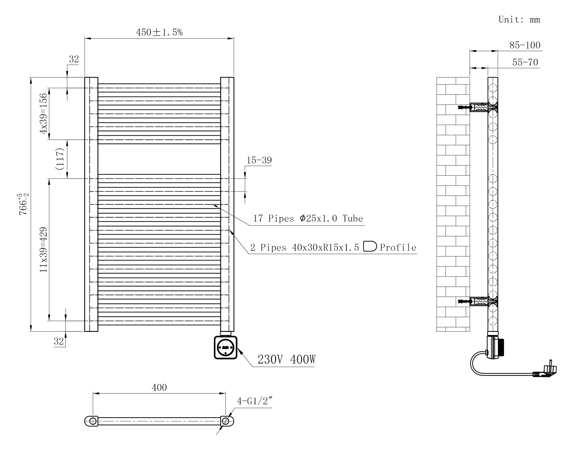 Maattekening Wiesbaden Elara elektrische radiator Smart WiFi 76,6 x 45 cm geborsteld brons koper PVD