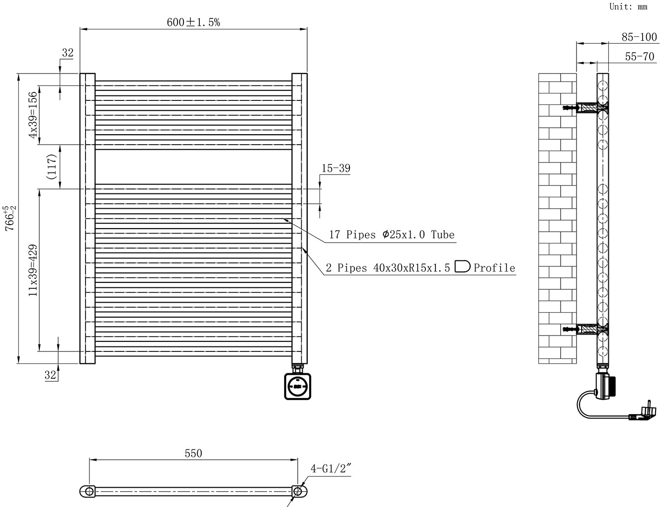 Maattekening Wiesbaden Elara elektrische radiator Smart WiFi 76,6 x 60 cm geborsteld brons koper PVD