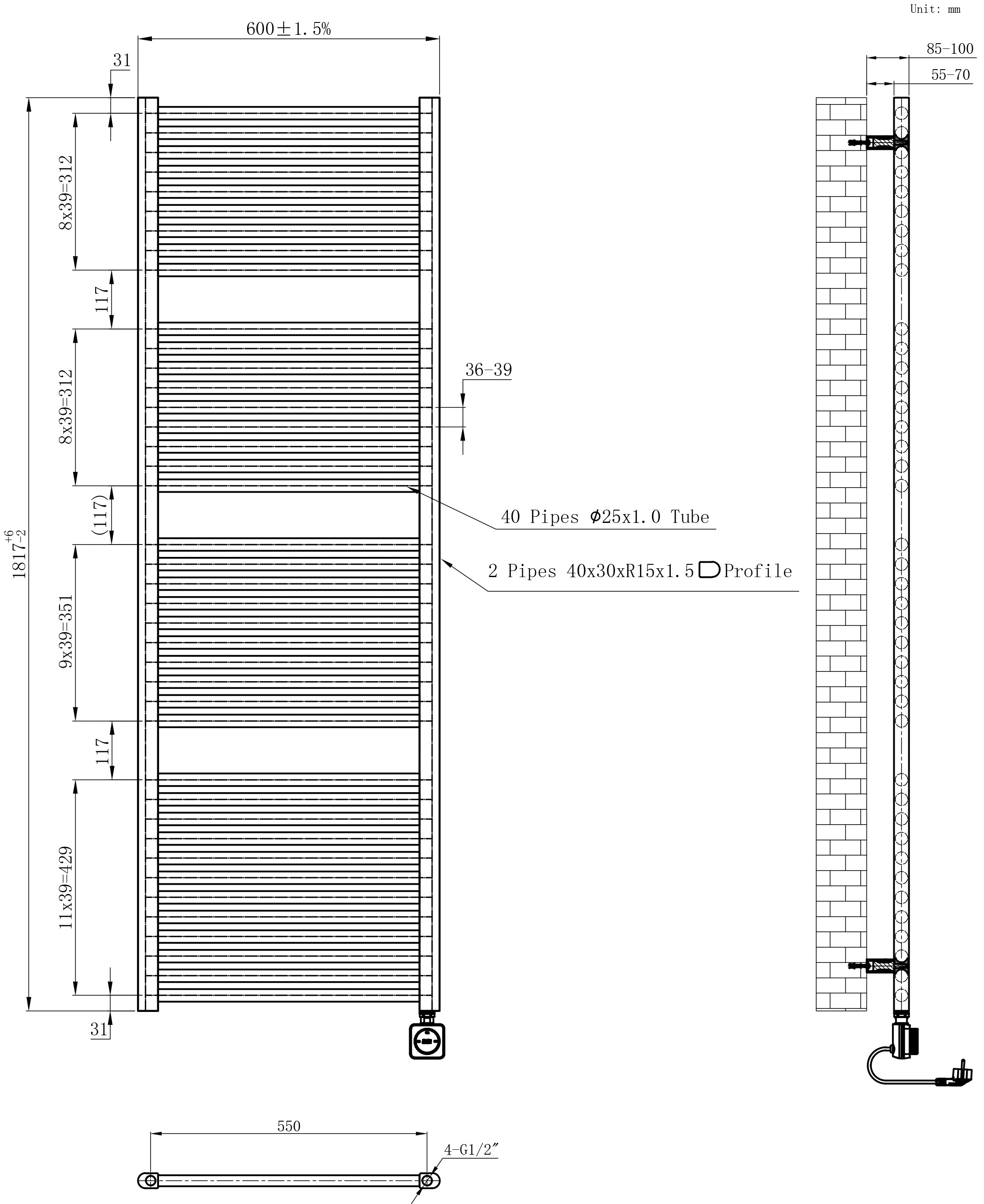 Maattekening Wiesbaden Elara elektrische radiator Smart WiFi 181,7 x 60 cm mat zwart