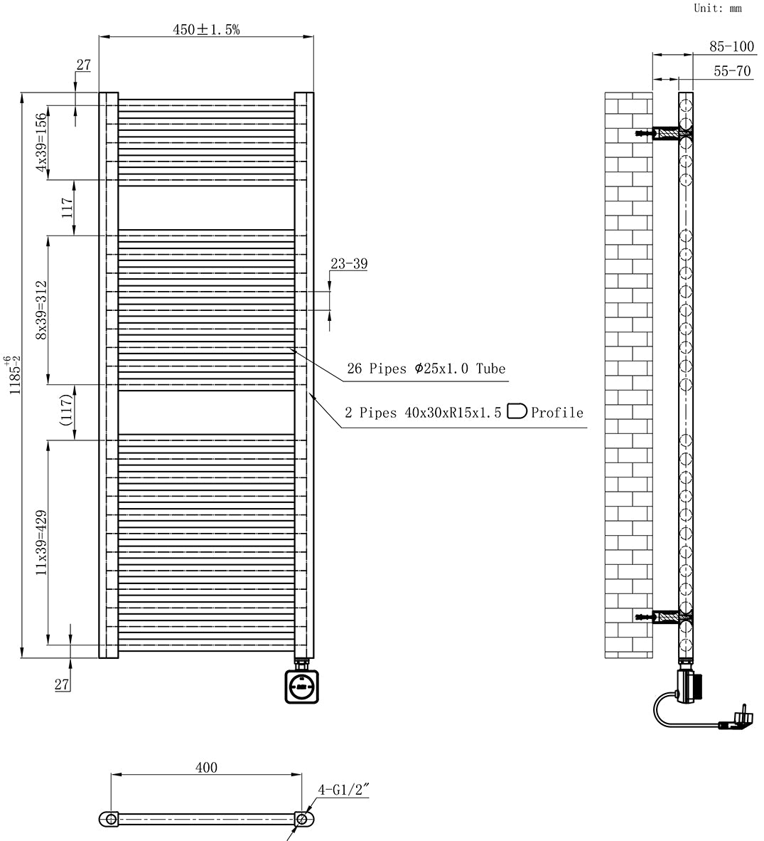 Maattekening Wiesbaden Elara elektrische radiator Smart WiFi 118,5 x 45 cm geborsteld brons koper PVD