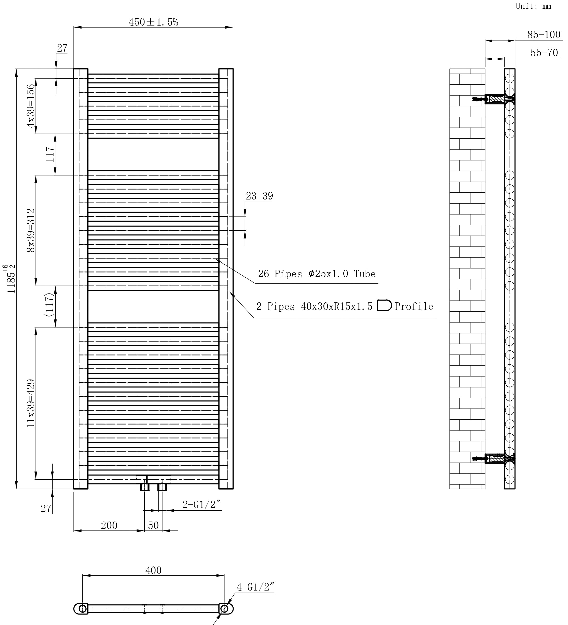 Maattekening Wiesbaden Elara sierradiator 118,5 x 45,0 cm mat zwart