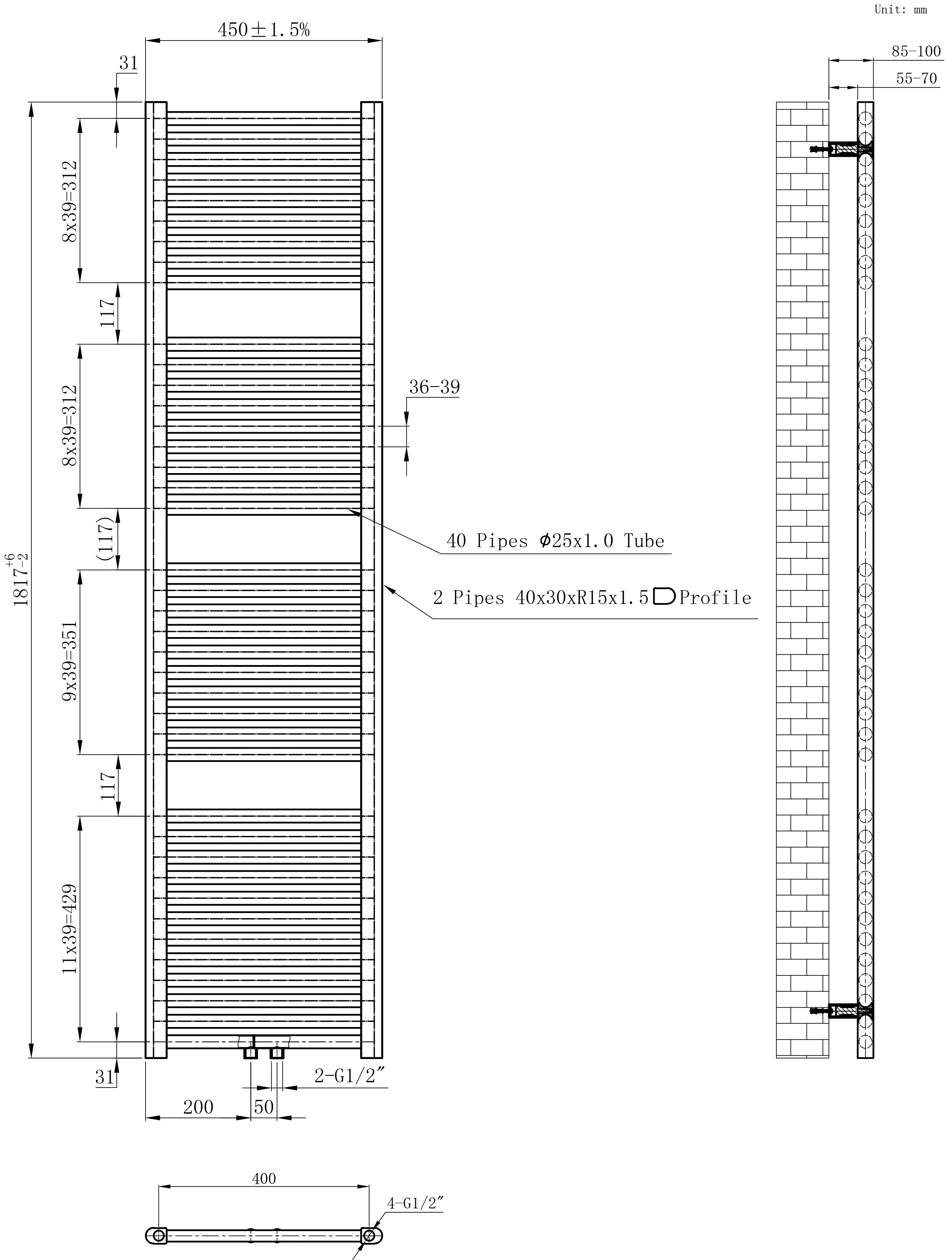 Maattekening Wiesbaden Elara sierradiator 181,7 x 45,0 cm mat zwart