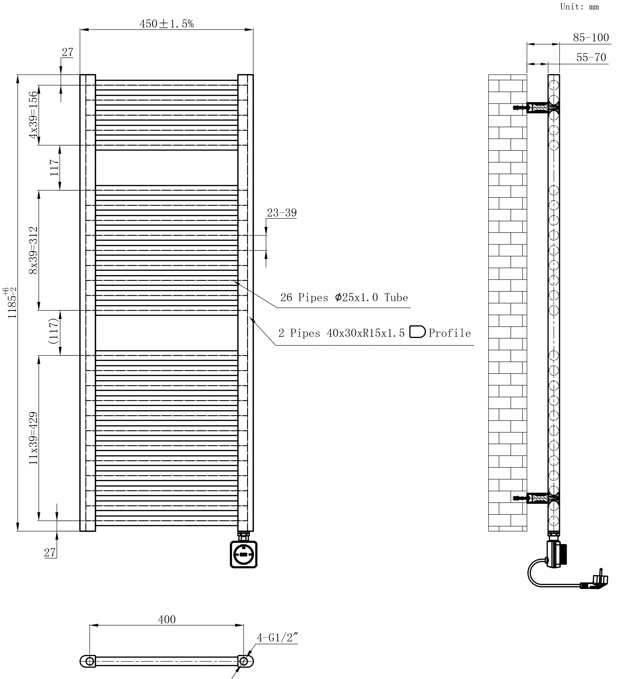 Maattekening Wiesbaden Elara elektrische radiator Smart WiFi 118,5 x 45 cm mat zwart