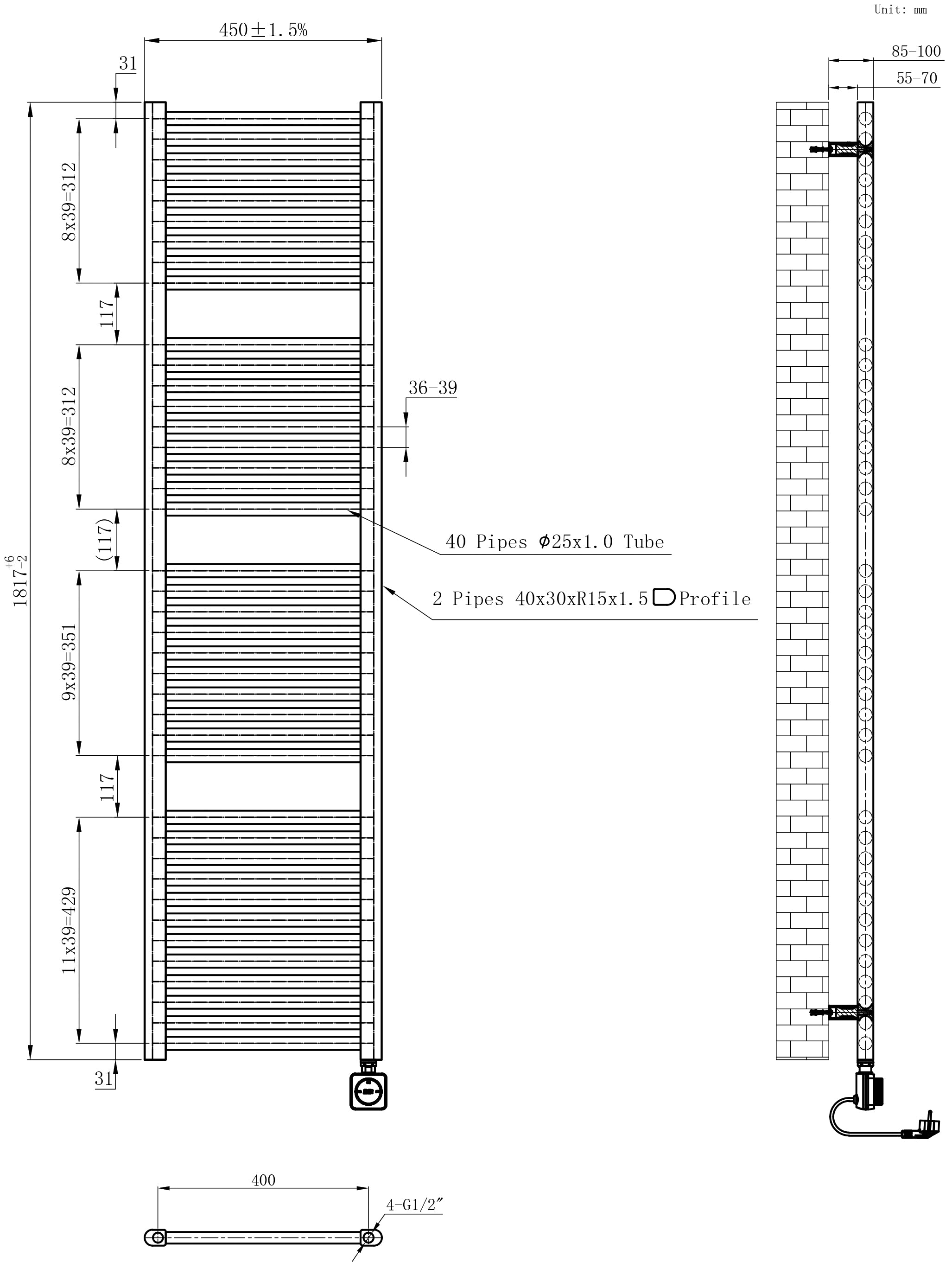 Maattekening Wiesbaden Elara elektrische radiator Smart WiFi 181,7 x 45 cm mat zwart
