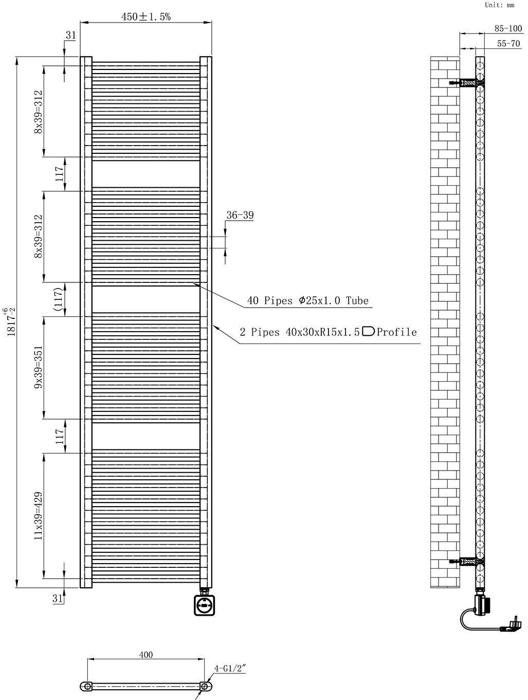 Maattekening Wiesbaden Elara elektrische radiator Smart WiFi 181,7 x 45 cm geborsteld messing PVD