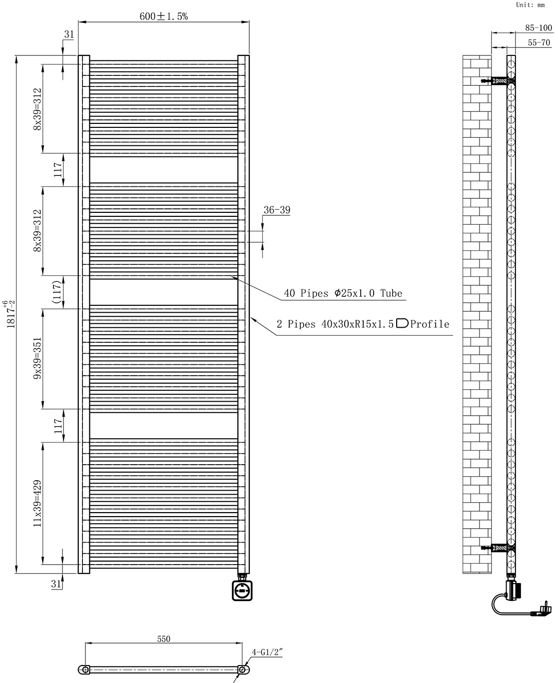 Maattekening Wiesbaden Elara elektrische radiator Smart WiFi 181,7 x 60 cm geborsteld brons koper PVD