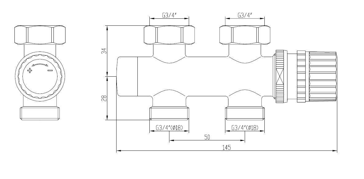 thermostatisch 3/4 onderblok recht chroom - maattekening