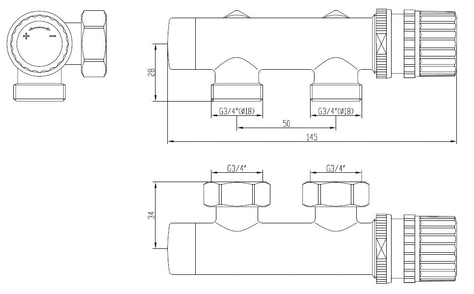 Maattekening Thermostatisch onderblok haaks rechts 3/4" chroom
