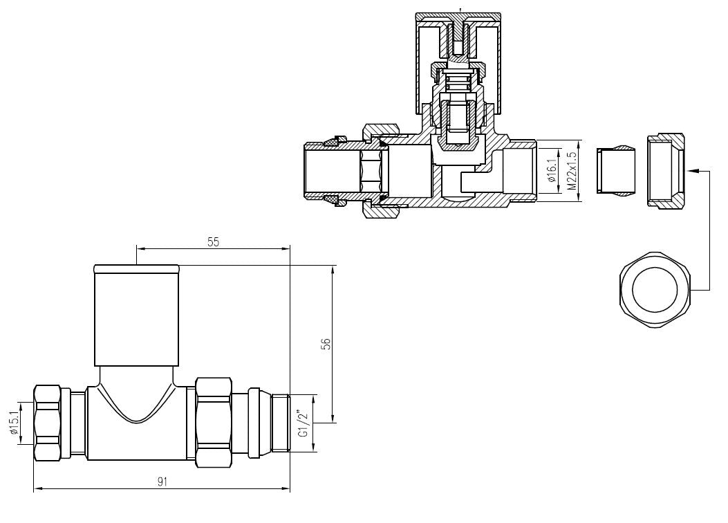 luxe radiatorventiel 1/2''x15 (M22) knel recht chroom - maattekening