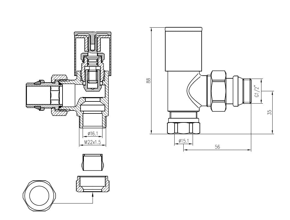 luxe radiatorventiel 1/2''x15 (M22) knel haaks chroom - maattekening