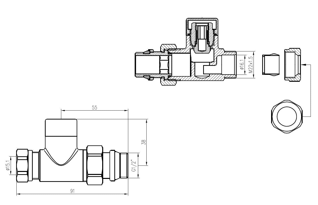 luxe regeltee 1/2''x15 (M22) knel recht chroom - maattekening