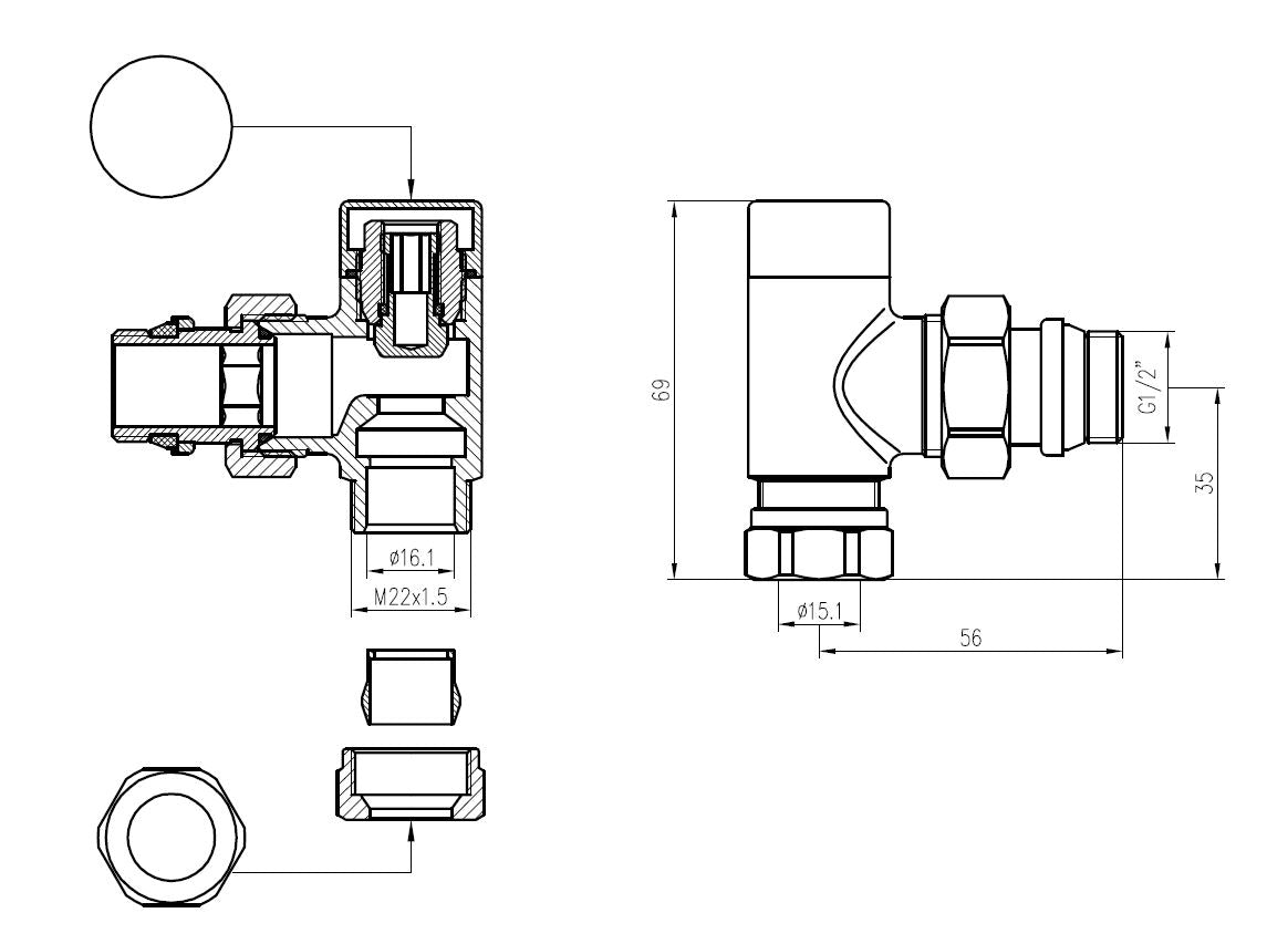 Maattekening Voetventiel haaks 1/2" x 15 mm chroom