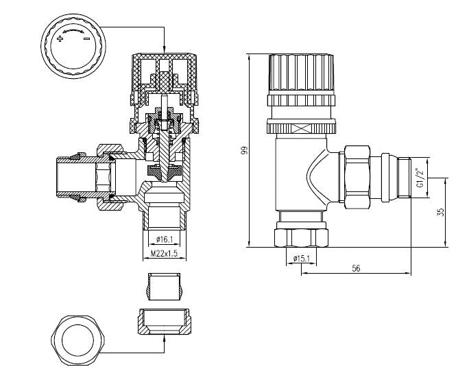 luxe therm.voorber.vent.1/2''x15 (M22) knel haaks chroom - maattekening