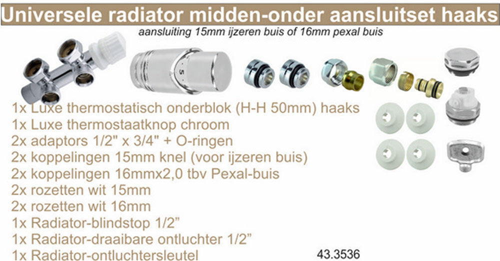 Onderblok set haaks links compleet 16 x 2,0 en 15 mm knel chroom