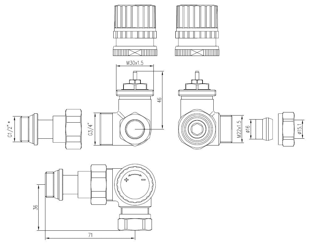 luxe therm. ventiel 1/2''x15 (M22) knel haaks links chroom - maattekening
