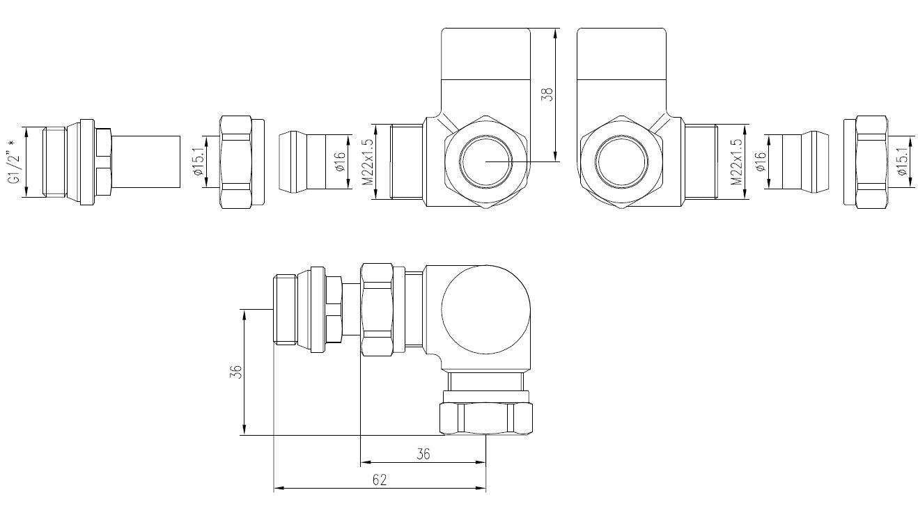 Maattekening Thermostatisch voorbereid radiatorventiel haaks verkeerd 1/2" x 15 mm chroom