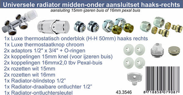 Onderblok set haaks rechts compleet 16 x 2,0 en 15 mm knel chroom