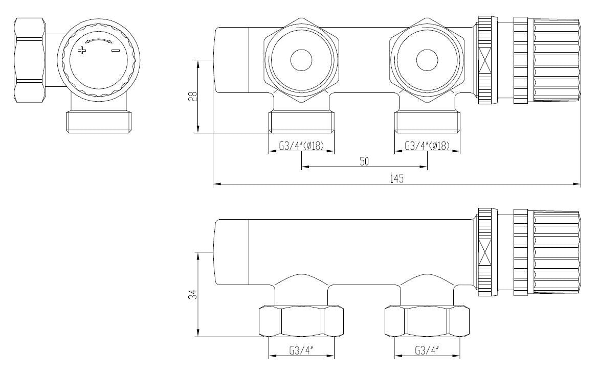 Maattekening Thermostatisch 3/4 onderblok haaks-links mat zwart