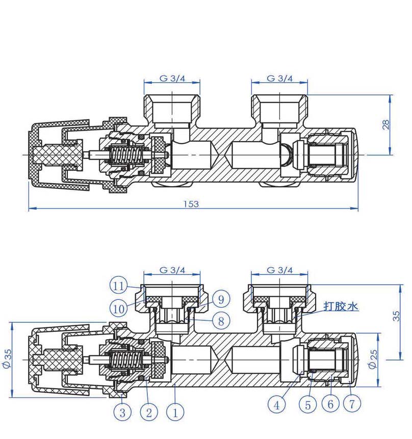 Maattekening Thermostatisch 3/4 onderblok haaks-rechts mat zwart