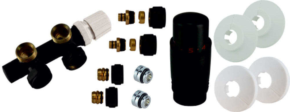 Onderblok set haaks rechts compleet 16 x 2,0 en 15 mm knel mat zwart