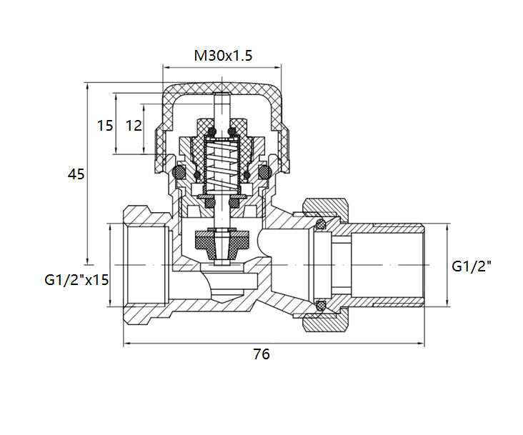 Maattekening Thermostatische radiatorventiel 1/2''x15mm recht mat-zwart