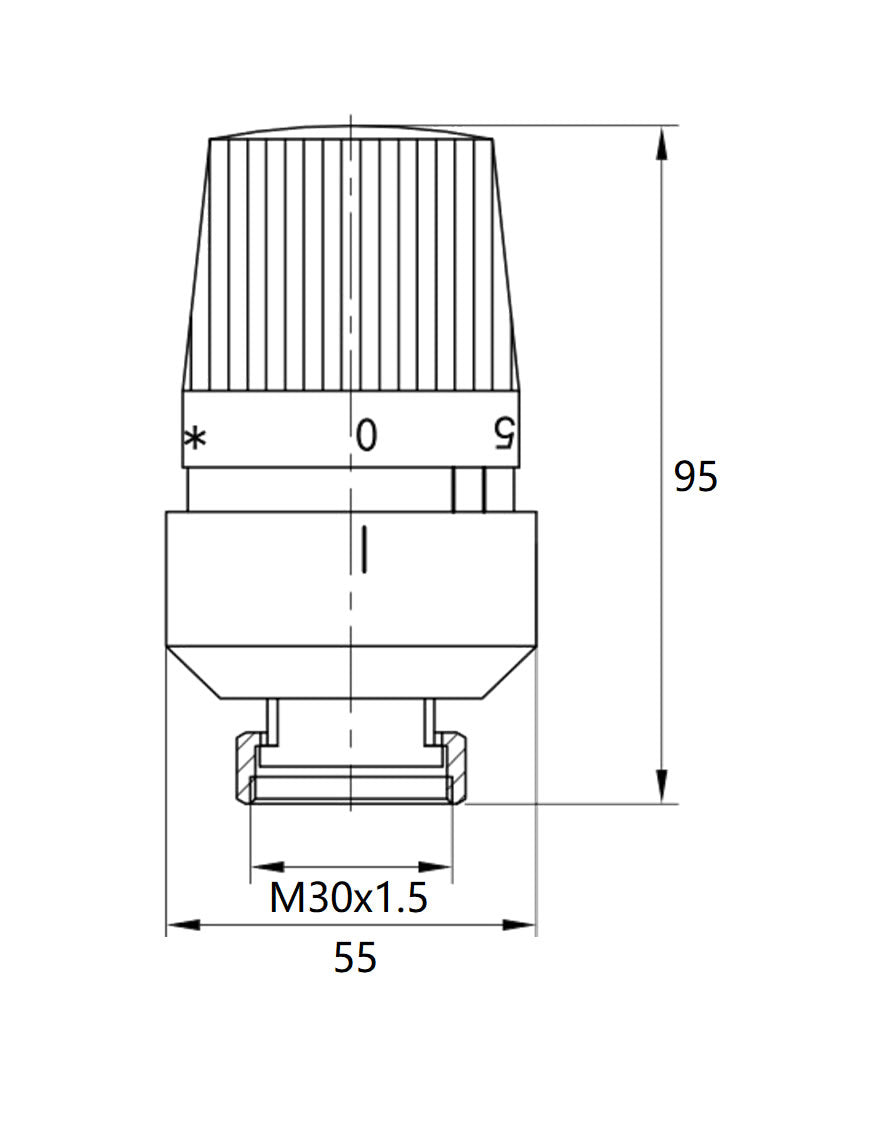 Maattekening Thermostatische radiatorventiel 1/2''x15mm recht mat-zwart