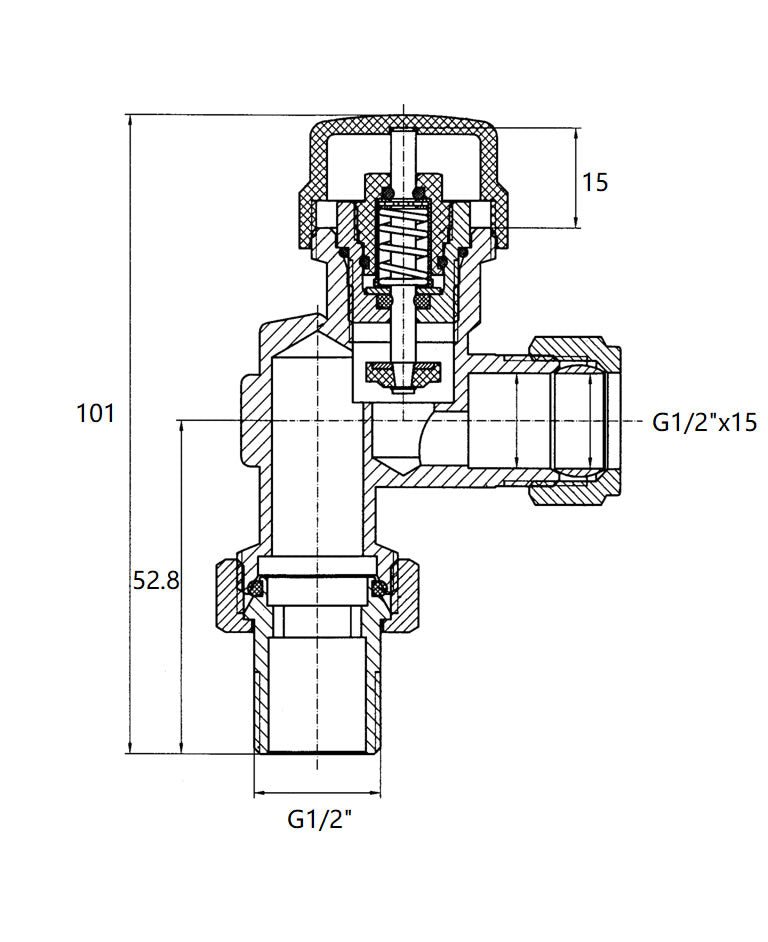 Maattekening Thermostatische radiatorventiel 1/2''x15mm axiaal mat-zwart